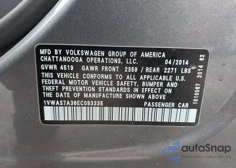 2014 Volkswagen Passat 1.8T Wolfsburg Edition из США, поврежденный, VIN 1VWAS7A36EC093335